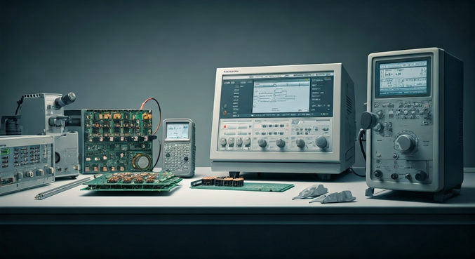 alt_text: Laboratorium testowe: oscyloskopy, multimetry, PCB oraz inżynier analizujący wyniki.