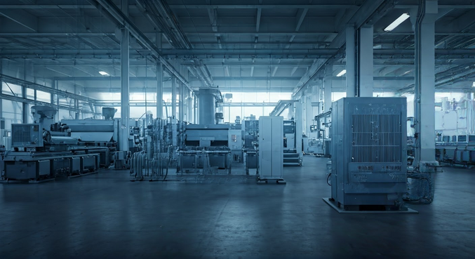 alt_text: Realistyczny obraz dużego zakładu przemysłowego z systemami monitoringu energii i czujnikami.