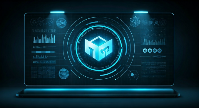 alt_text: Nowoczesny wyświetlacz dotykowy z symbolem MCP, otoczony elementami technologicznymi.